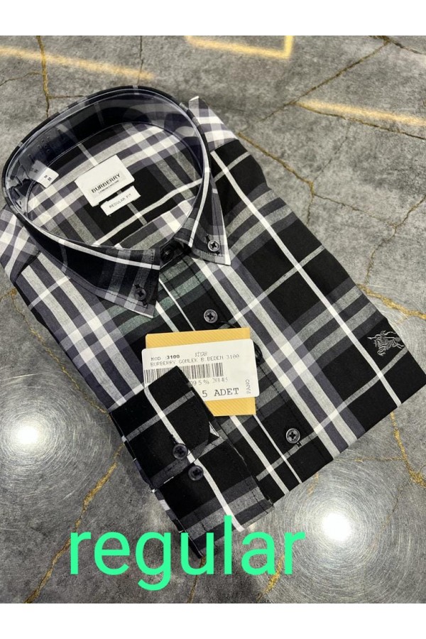 1120-Burberry Regular Fit Siyah Pano Gömlek