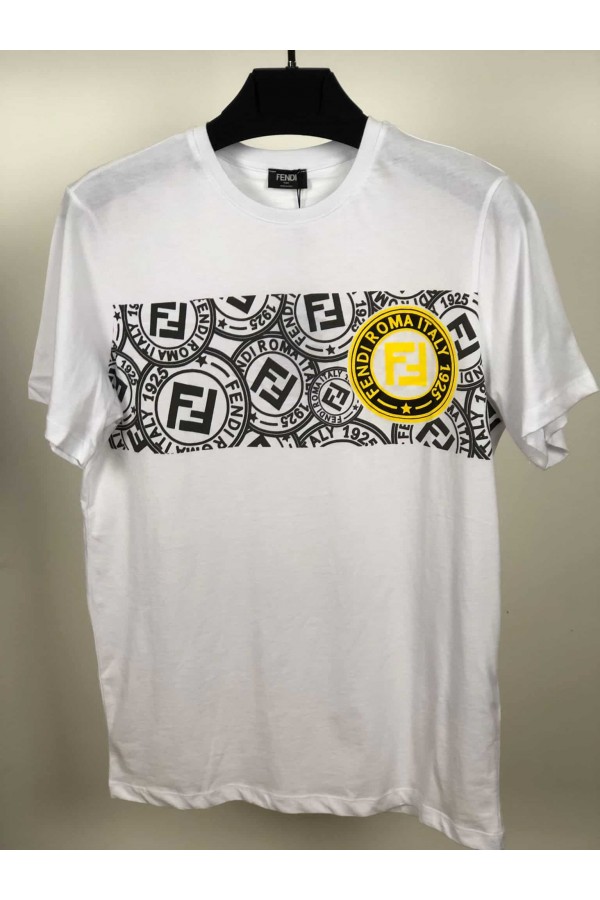 12059-Fendi Beyaz Önü F Sarı Baskılı Sıfır Yaka Tshirt