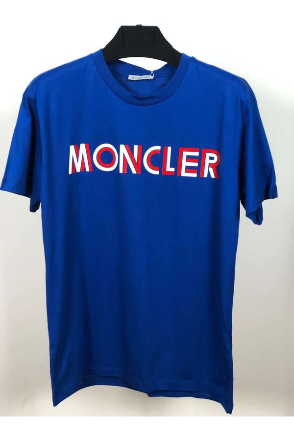 12099-Moncler Saks Mavi Önü  Baskılı Sıfır Yaka Tshirt