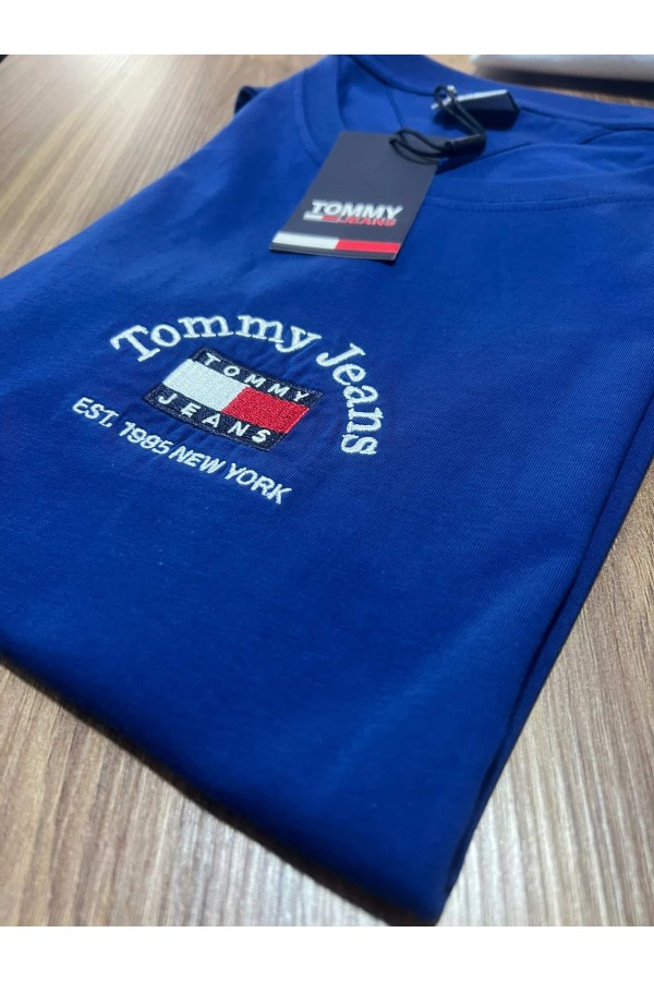 12268-Tommy İndigo Bisiklet Yaka Önü Yarım Daire Nakışlı Tshirt