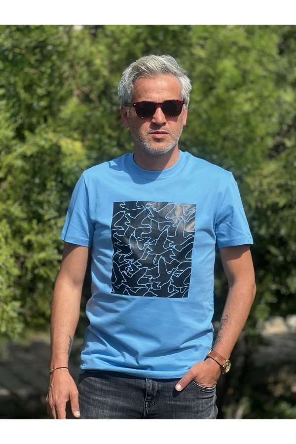 12331-Beymen Mavi Önü Kuş Desenli Bisiklet Yaka Tshirt