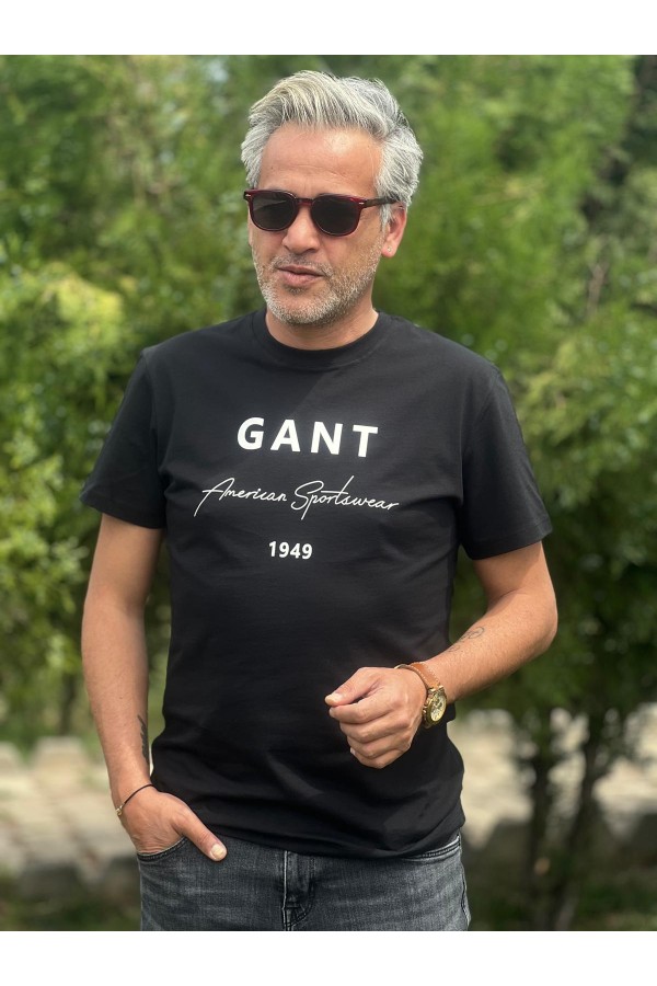 12346-Gant Siyah Önü Baskılı Bisiklet Yaka Tshirt