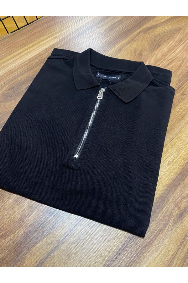 12432- TMYH Siyah Yarım Fermuarlı Polo Yaka Tshirt