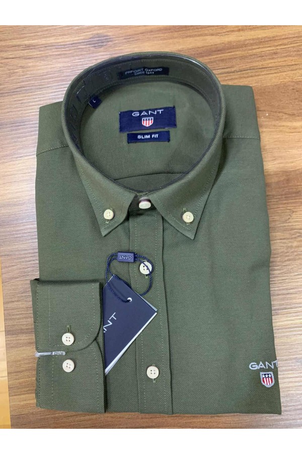 2128-Gant Haki Yeşil   Slim Fit Oxford Gömlek