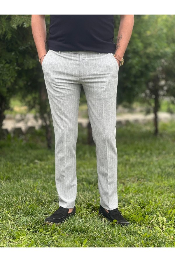 7086-Score Gri Çizgili Gofre Kumaş Slim Fit Pantolon